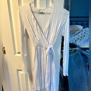 White Faux Wrap Long Sleeve Dress